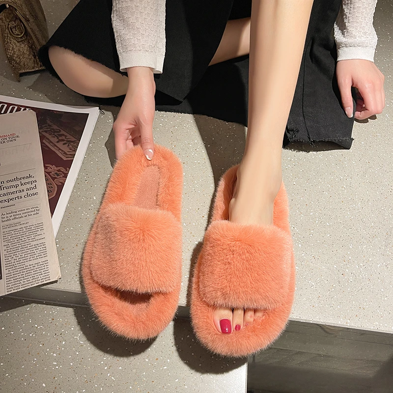 Fluffy Slippers Furry Woman Men Sabot Plush Flat Comfortable Elegant Indoor Bedroom House Shoes Winter Home Big Size Soft Warm
