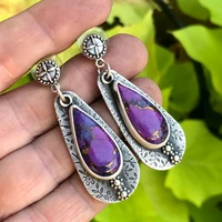 vintage metal hand engraved cross pattern earrings classic purple turquoise pendant womens earring jewelry