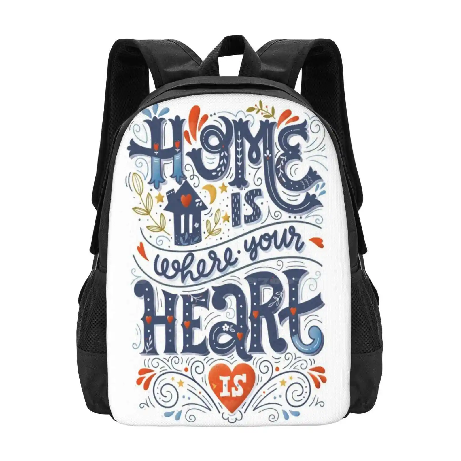 

Home Is Where Your Heart Is 3D Print Design Backpack Student Bag Home Lettering Typography Type Decorative Calligraphy Sweet