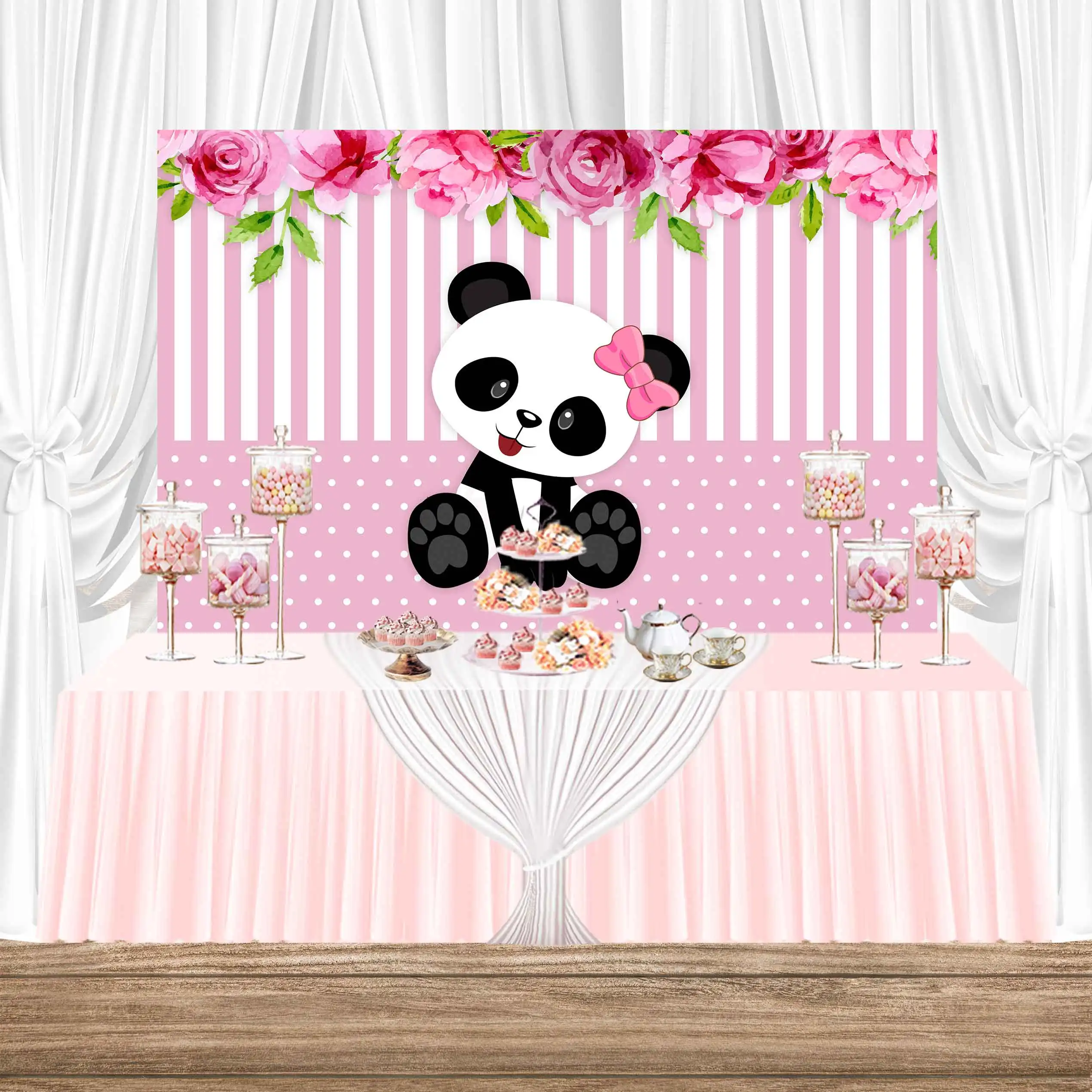 NeoBack Birthday Photography Party Photo Backdrop Baby Bamboo Pink Flowers Cute Animal Panda Background Children Backdrop