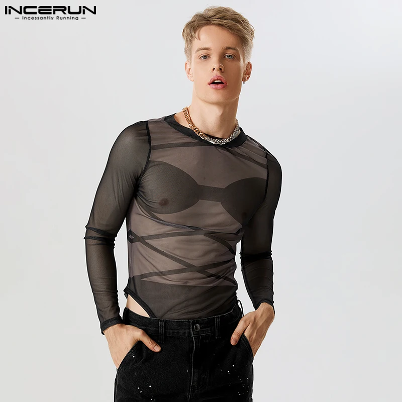 

INCERUN 2023 Handsome Mens Thin Loungewear Cross Print See-through Mesh Jumpsuits Stylish Male Sexy Long Sleeved Bodysuits S-5XL