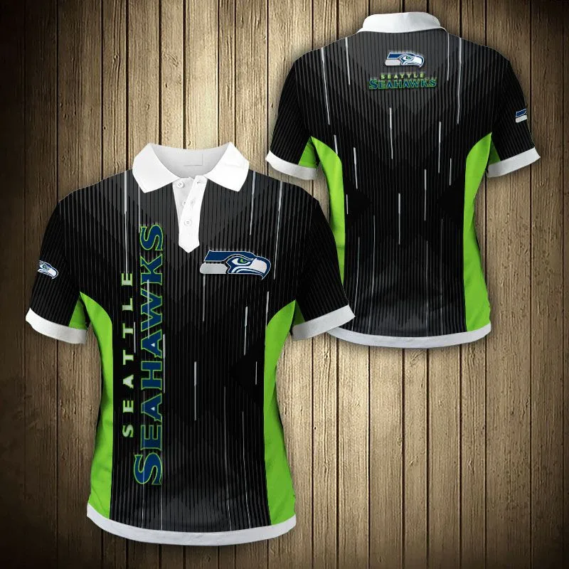 

Fashion Seattle men's casual tops Black and green stitching graffiti letters cartoon bird print Seahawks short sleeve polo