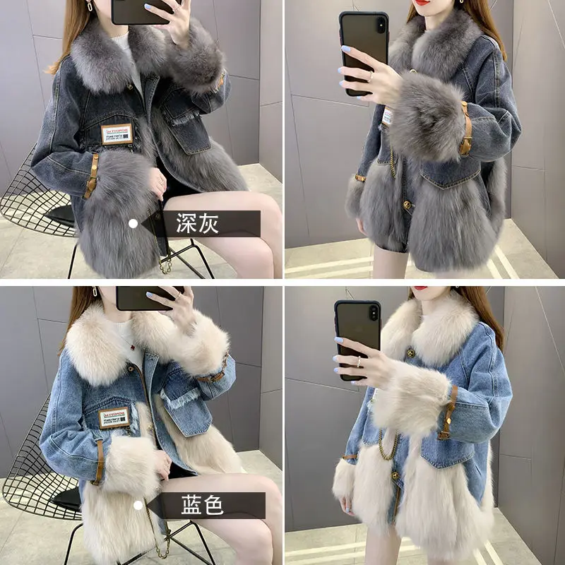 2023 зимняя джинсовая куртка из лисьей кожи утолщенная Новая женская короткая