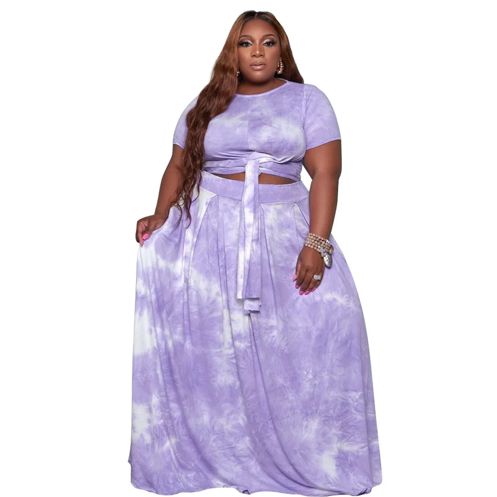 Plus Size Two Piece Set Women Summer Clothing Tie Dye Fashion Streetwear Bandage Crop Top Maxi Skirt Suit Who 3xl 4xl 5xl 6xl