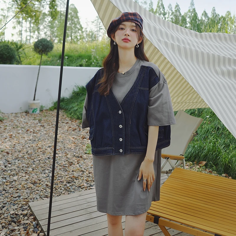 

Fashion Tshirt Spliced Denim Dress 2023 Summer New Women Streetwear Hip Hop Loose Casual Short Sleeve O-neck Mini Dresses 82307