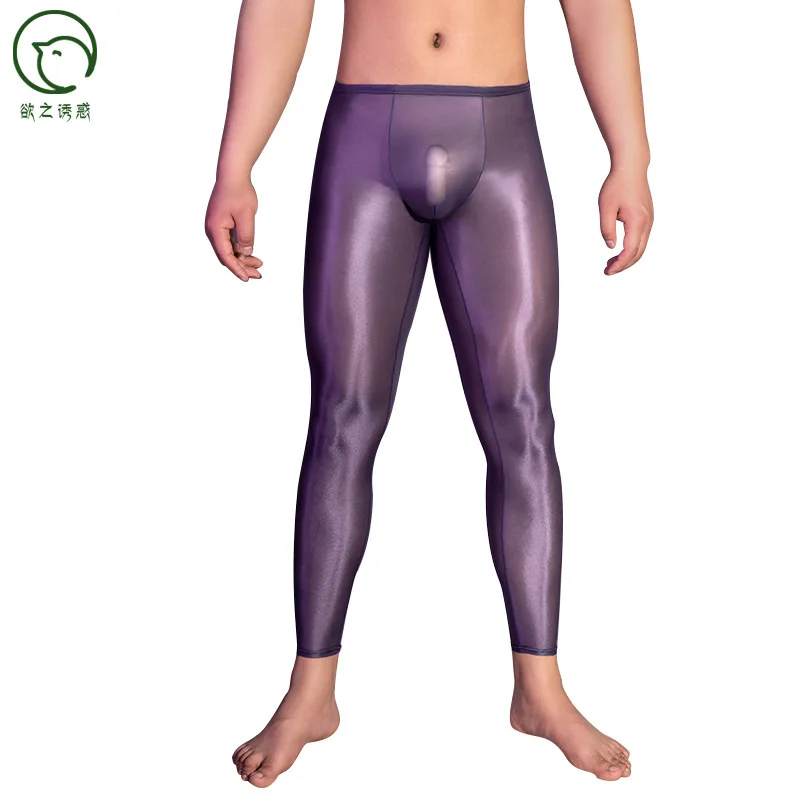 Glossy Sexy Ultra-thin Mens See Through Ice Silk Leggings Long Johns Lounge Sleeping Pants Underwear