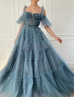 2022 a line cut out puffy prom formal evening dress square neck short sleeve court train tulle with tier vestidos de fiesta