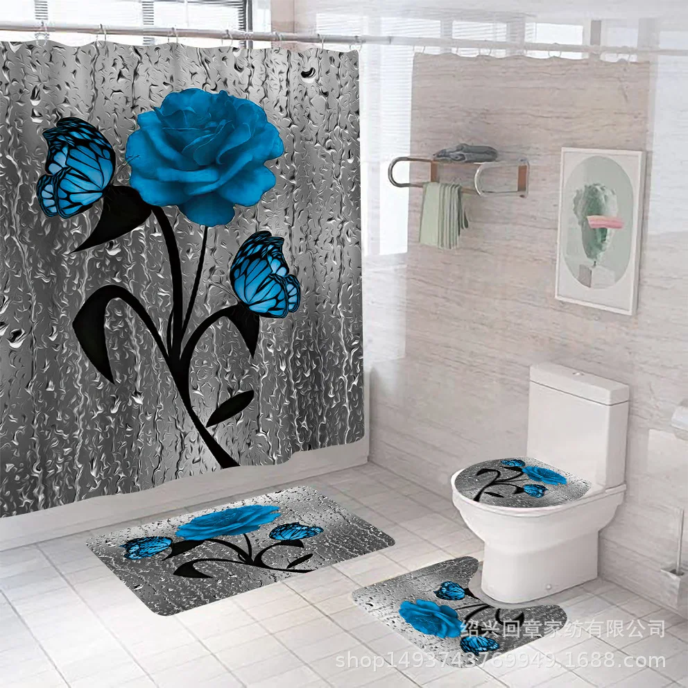 

New Rose Series Waterproof Digital Printing Shower Curtain Metal Buttonhole Shower Curtain Cloth Free C- Type Plastic Hook