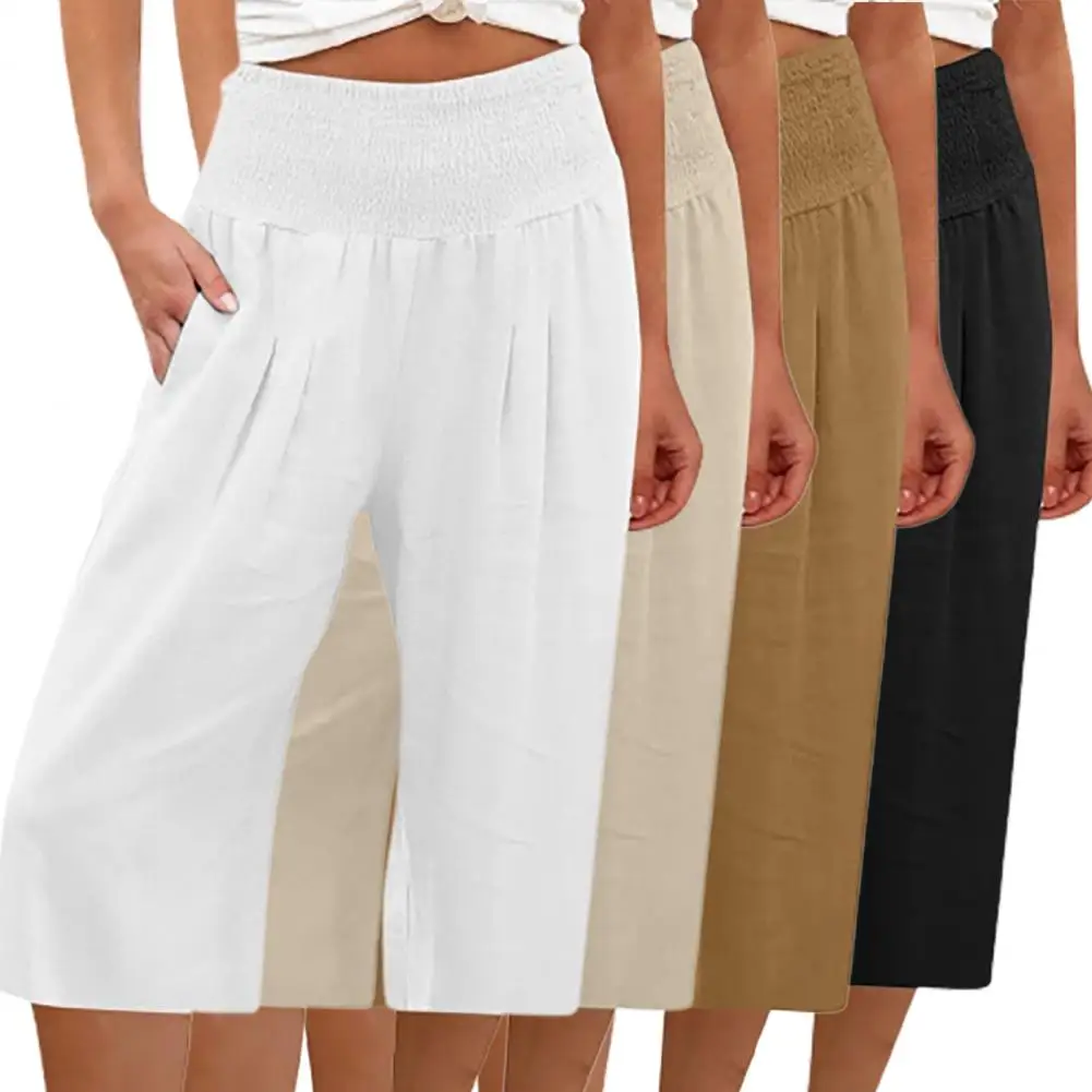 2023 Summer Women Aesthetic Style Elastic Waist Solid Pants Women's All-matched Casual Wide Leg Cotton Linen Loose Pantalon