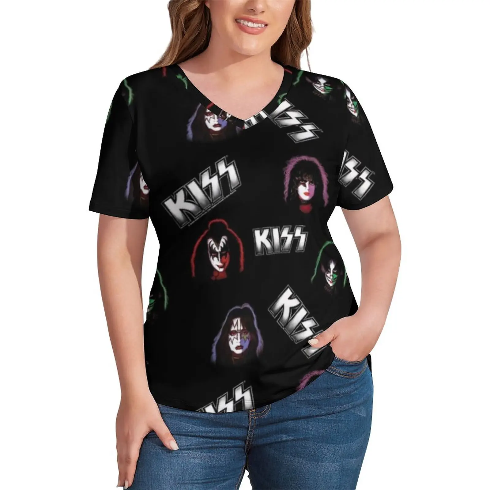 

Kiss Band Tee Shirt Rock Trendy Print Ladies T Shirt V Neck Short-Sleeve Street Style T-Shirt