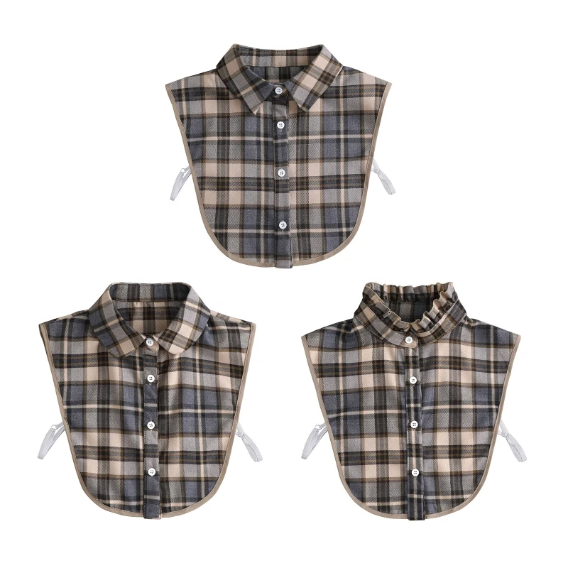 

E9LC Vintage Plaid Printed Lapel False Collar Detachable Dickey Blouse Button Down Half Shirts Crop Top for Women