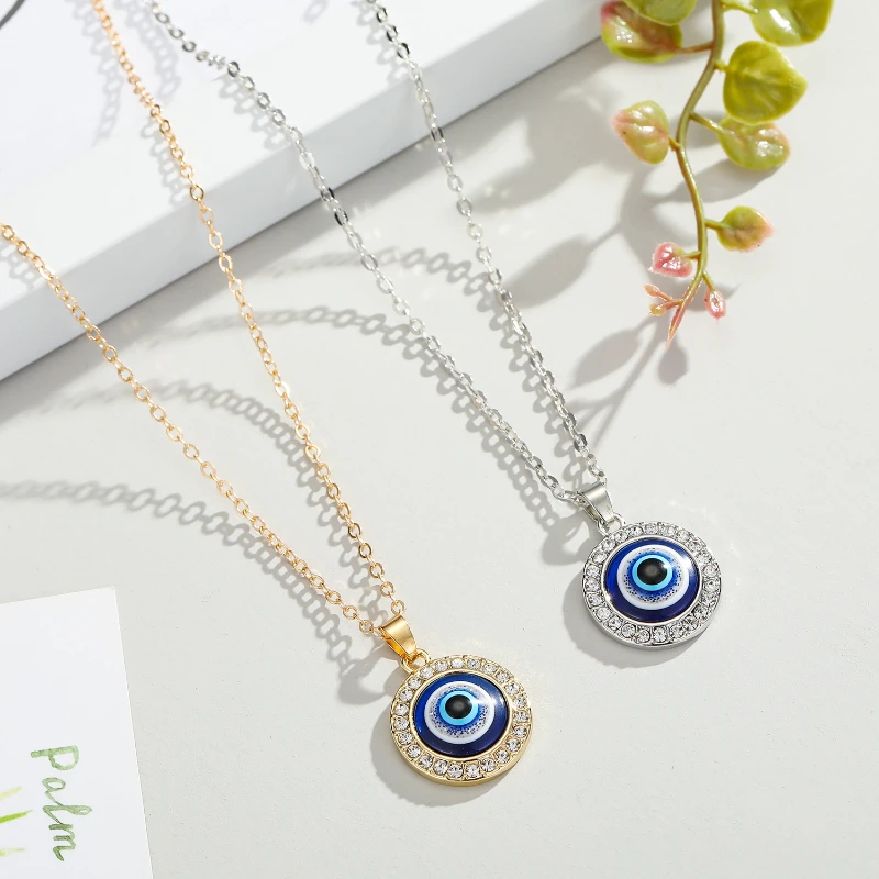 

Turkey Evil Eye Necklace for Women Blue Eye Rhinestone Round Pendant Choker Sweater Chains Party Fashion Lucky Jewelry Gifts