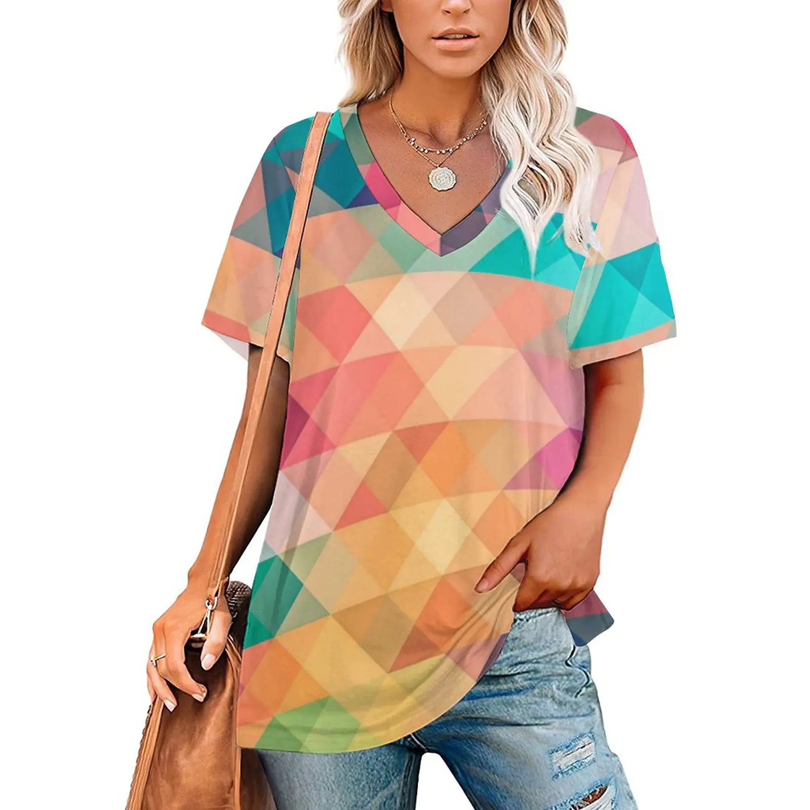

Футболка Pastel с геометрическим принтом в виде Омбре, красивые футболки с V-образным вырезом, Повседневная футболка с коротким рукавом, летние топы с рисунком, футболки большого размера