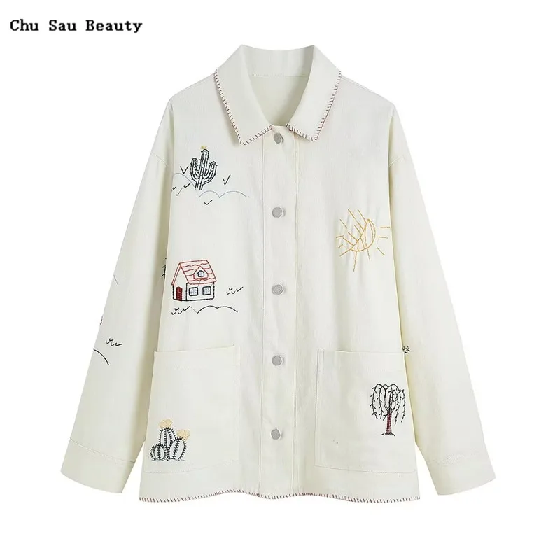 

2022 ZA New Lapel Lapel Fashion Casual Embroidered Cotton Long Sleeve Jacket Autumn Winter Shirt Style Versatile Tops