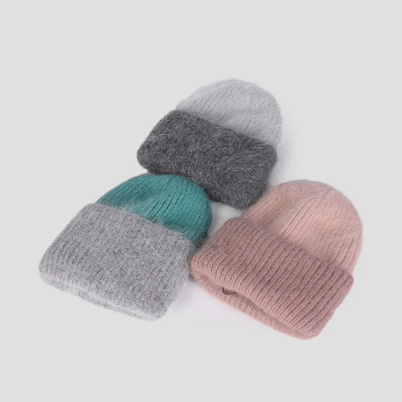 

New Color Matching Rabbit Fur Knitted Hats Women Beanies Soft Warm Fluffy Pinkycolor Angora Nordic Winter Thickened Skullies Cap
