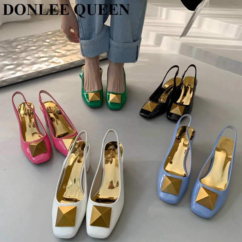 

Brand Rivet Women Sandals Fashion Thick High Heels Square Toe Slingback Shoes Elegant Pumps Slip On Mule Party Dress Green Mujer