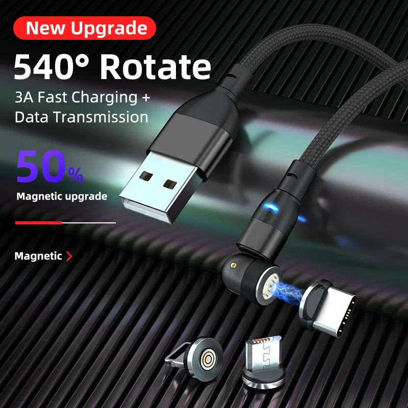 

540 Degree Roating Magnetic 3A Micro USB Type C Phone Fast charging Cable For iPhone Samsung Xiaomi Charger cable cord data wire