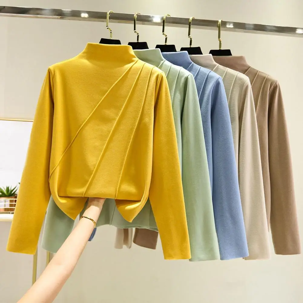 

Women Top All Match Half High Collar Soft Elegant Skin-Touch Keep Warm Elastic Solid Color Long Sleeve Blouse Sweater for Winter