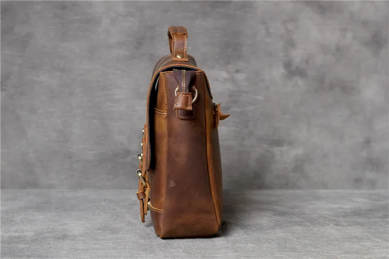 Business vintage crazy horse cowhide men's briefcase genuine leather lawyer brown handbag 13 inch laptop shoulder messenger bags