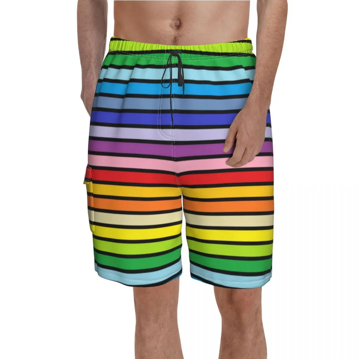 

Rainbow Stripes Board Shorts Black Outlined Broader Spectrum Beach Shorts Drawstring Funny Print Swim Trunks Plus Size 2XL