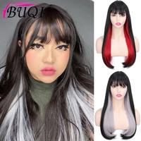 buqi synthetic long natural straight wigs with bangs black red cosplay lolita party wigs for women heat resistant fiber hair