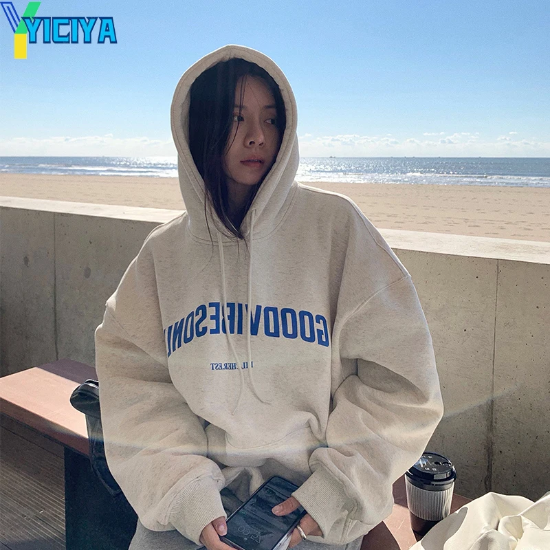

YICIYA Womens Clothing Vintage Sweatshirt Hoodie Letter Printing Long Sleeves Casual Streetwear Warm Oversize Ladies Tops Autumn