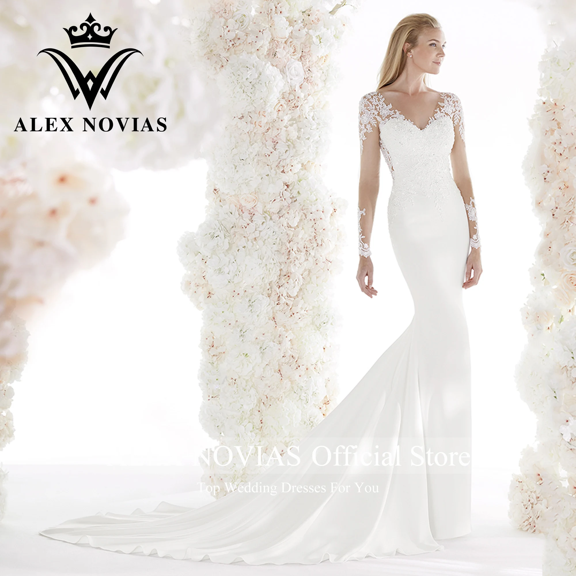

Свадебное атласное платье с длинным рукавом ALEX NOVIAS, романтичное платье с V-образным вырезом, иллюзионное свадебное платье с коротким рукаво...