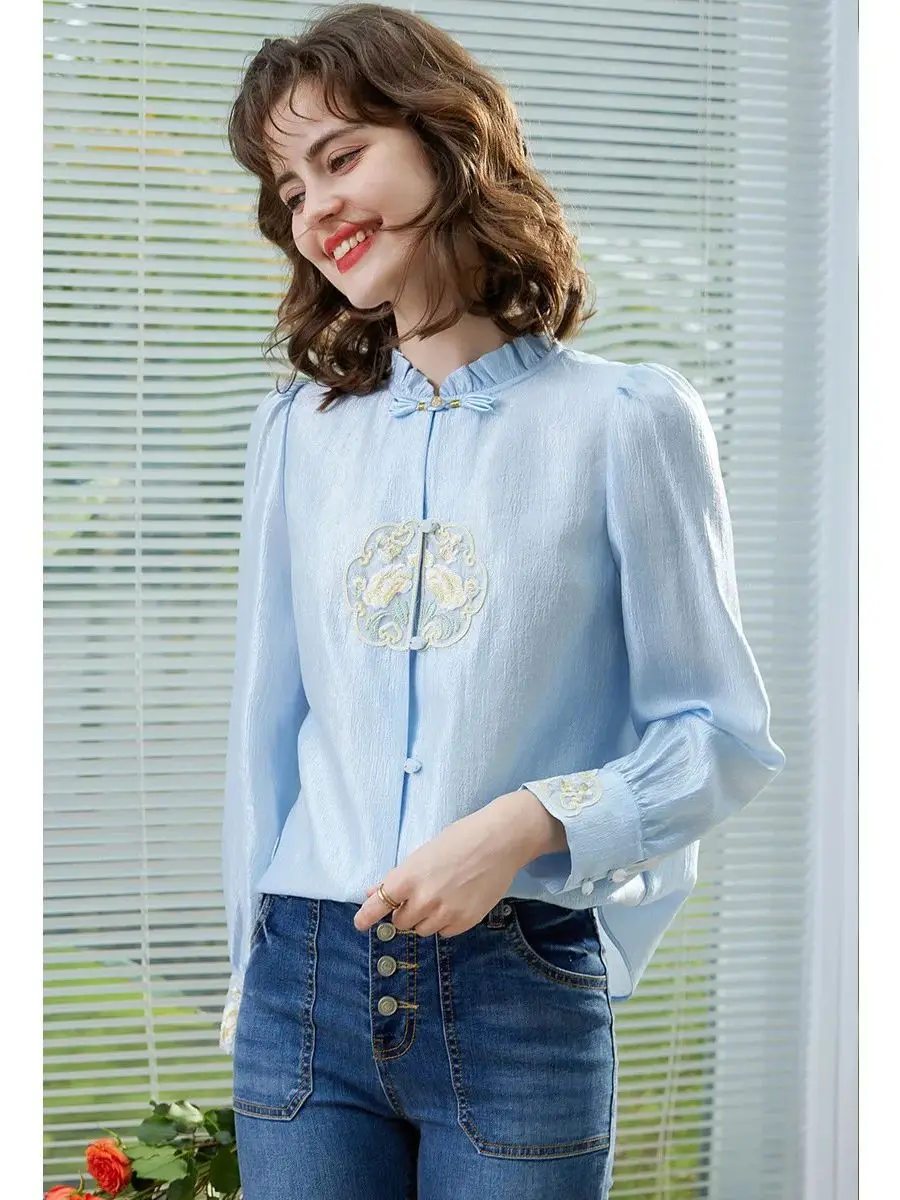 Рубашка с вышивкой в китайском стиле от LOUIS YAO новинка весны 2024 элегантная