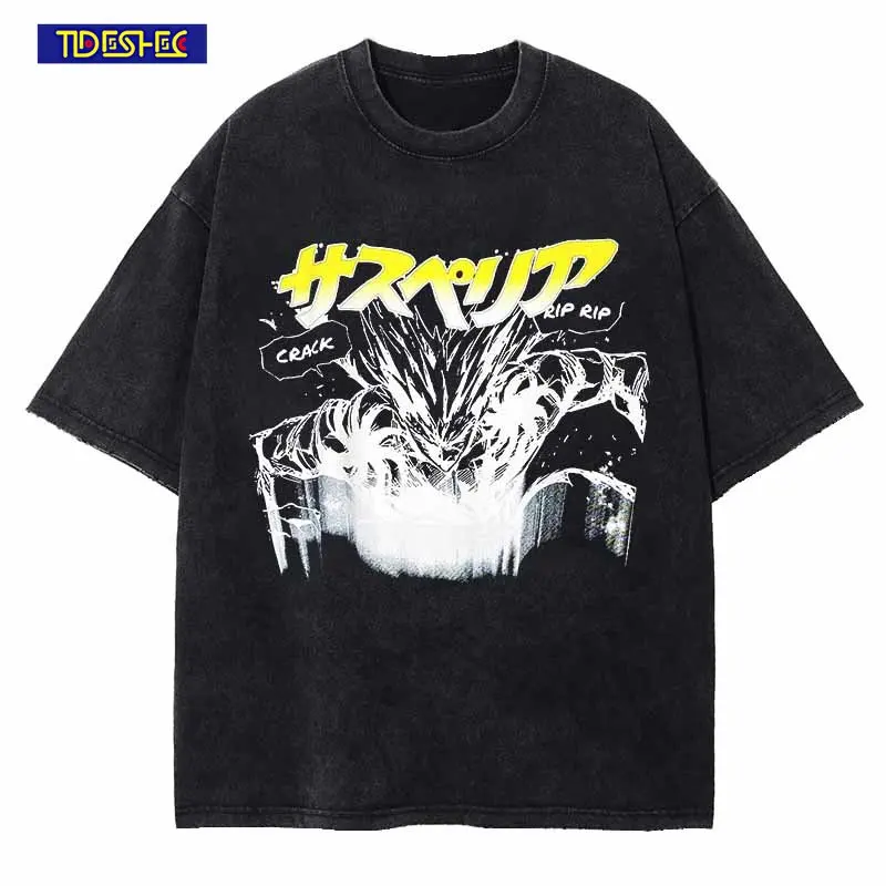 

Уличная одежда в стиле хип-хоп с коротким рукавом в стиле Харадзюку, черная Винтажная футболка с аниме принтом, летняя хлопковая Повседневн...