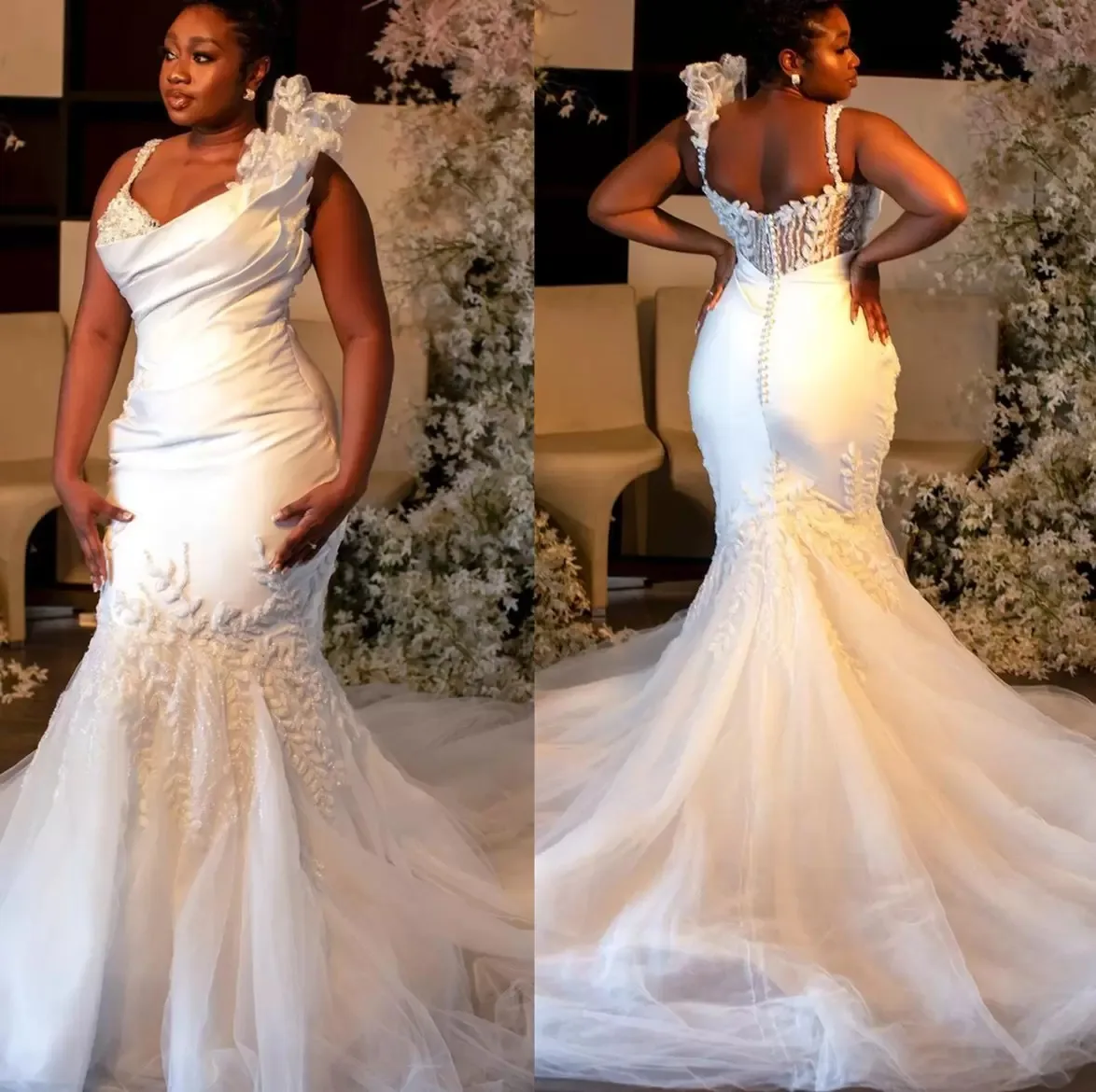 

Plus Size Arabic Aso Ebi Luxurious Lace Beaded Wedding Dress Mermaid Spaghetti Bridal Gowns Dresses 2023