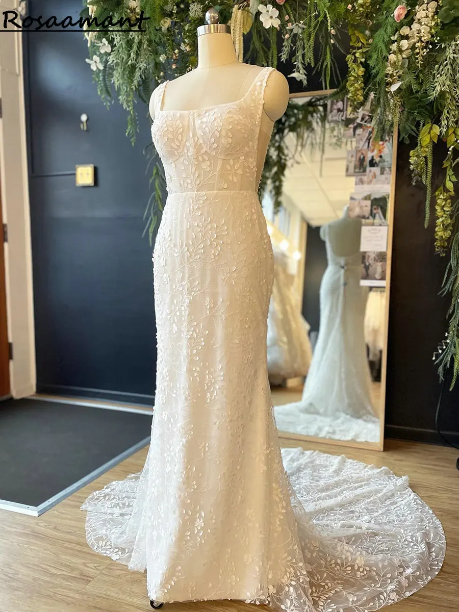 

Real Image Square Collar Sleeveless Mermaid Wedding Dresses 3D Appliques Lace Boho Bridal Gowns