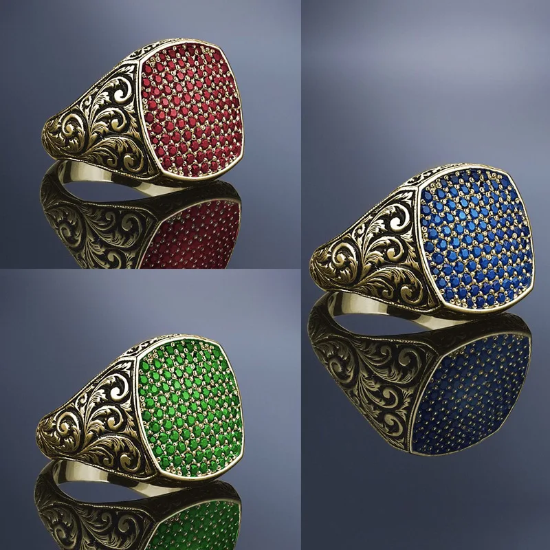 

Classic Wedding Rings Vintage Gold Color Carved Filled Red/Green/Blue CZ Zircon Rings for Men Women Jewelry Accessories