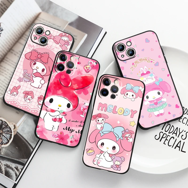 

Pink Melody Cute For Apple iPhone 14 13 12 11 Pro Max Mini XS Max X XR 7 8 Plus 5S Silicone Black Phone Case Coque Capa Fundas