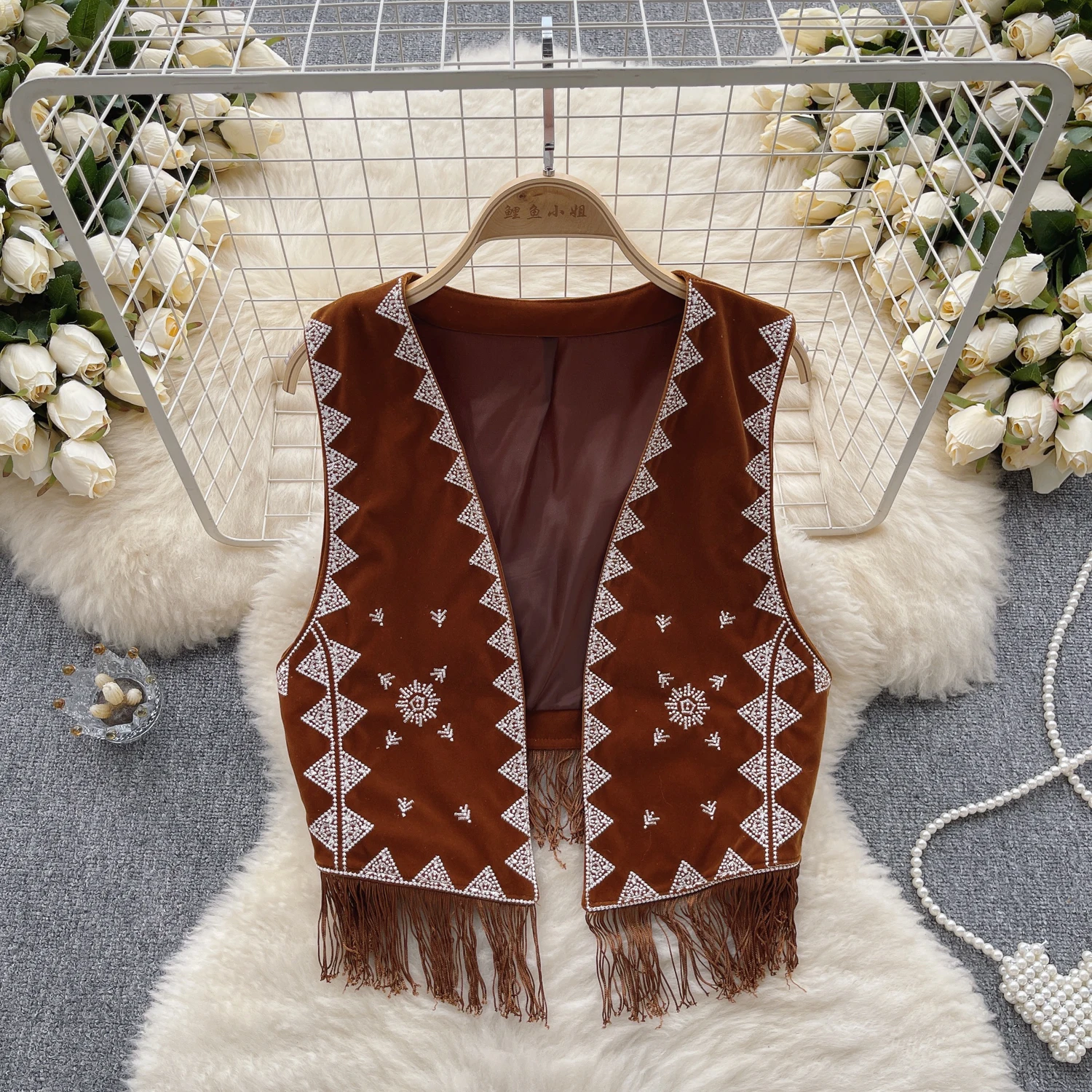 

Женский кардиган с высокой талией, элегантный укороченный топ без рукавов с вышивкой и кисточками в Корейском стиле