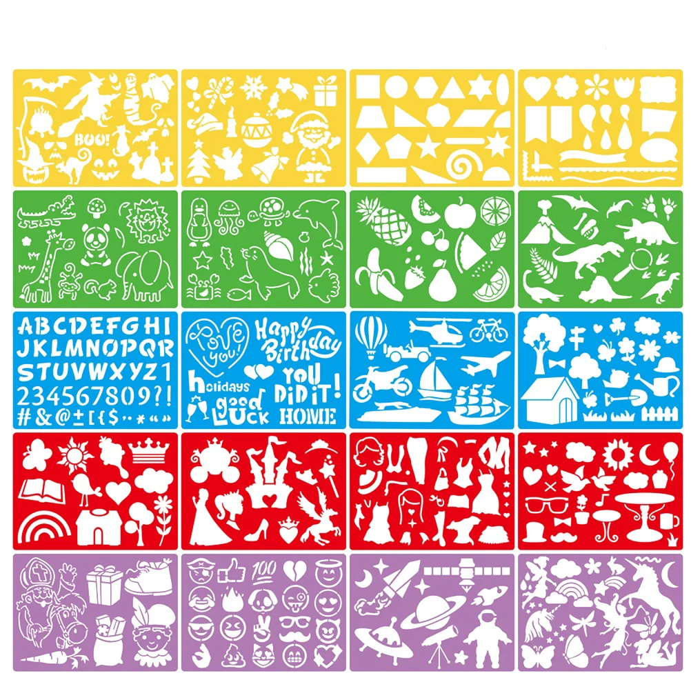 

20PCS Painting Drawing Templates DIY Coloring Spraying Hollow out Cartoon Stencil Wall Floor Artwork Supplies for Children Kids