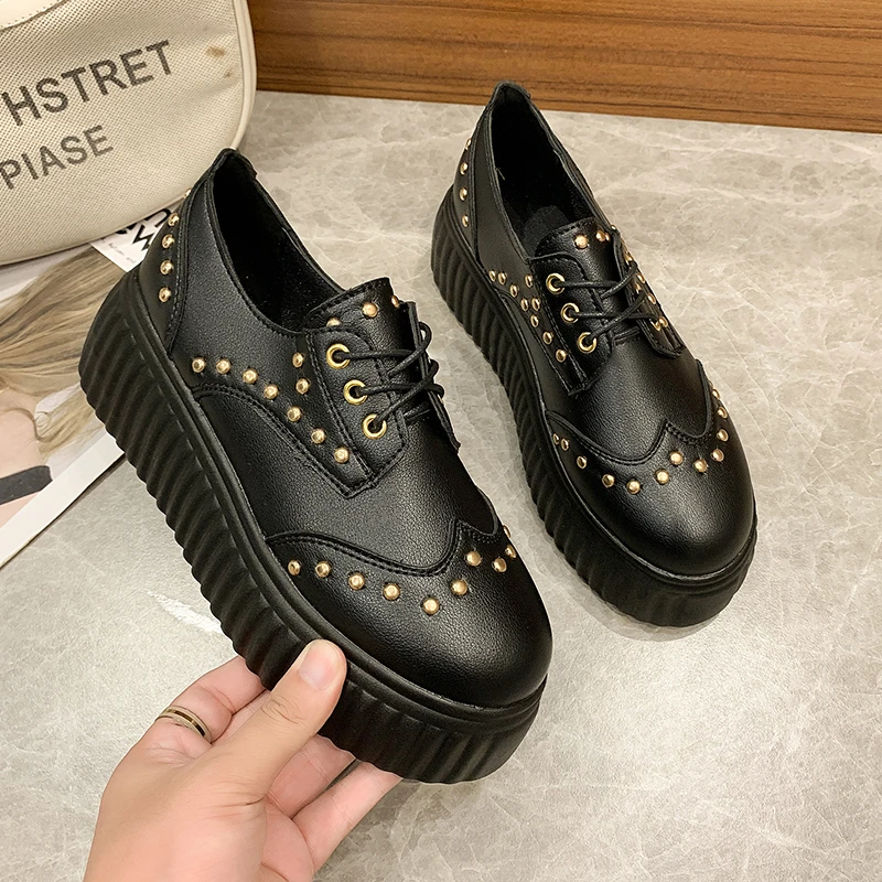 

Round Head Rivet Platform Shoes Women British Style Small Leather Shoes Women's Black Loafers College Style Lace-up Moccasins