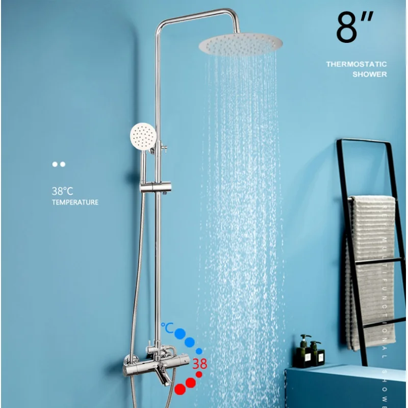 

YANKSMART Thermostatic Bathroom Shower Faucet Set Wall Mounted Chrome Polished Bathtub Rainfall Shower Head Mixer Water Tap Kit