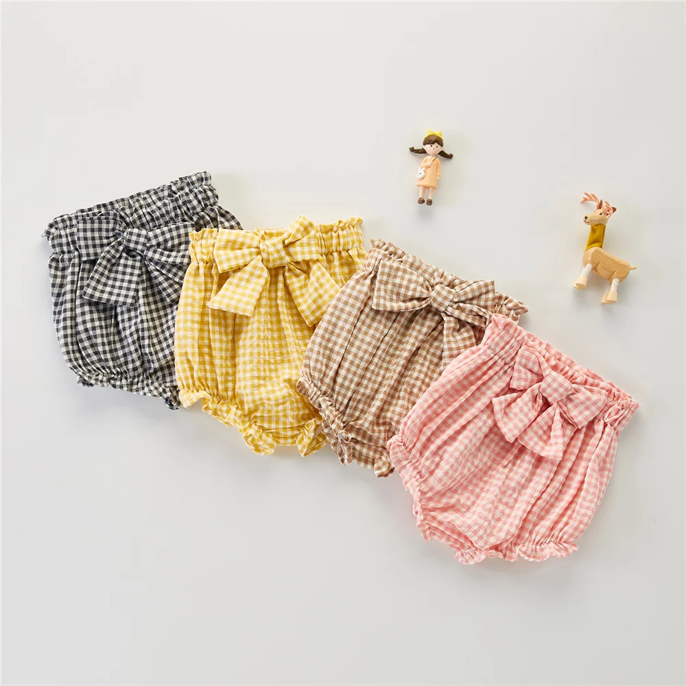 

Летние клетчатые шорты с принтом для маленьких девочек, детские эластичные трусы с оборками и бантом, с высокой талией, штаны для малышей, од...