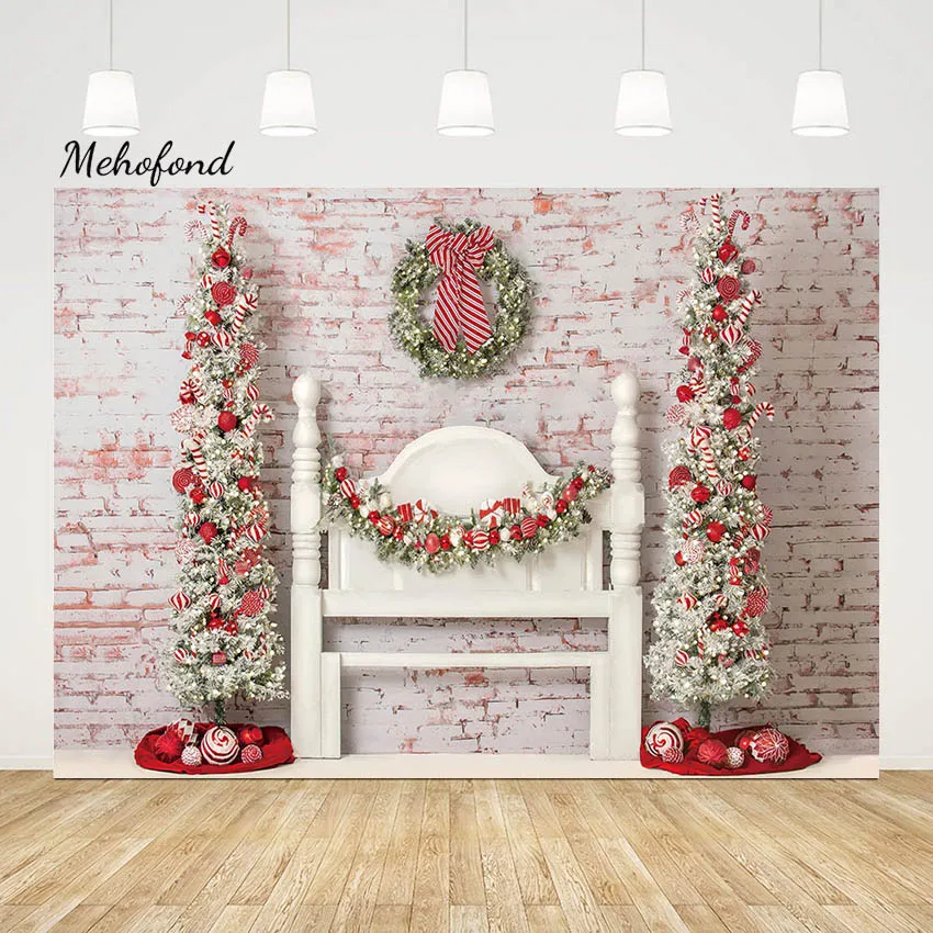 

Mehofond Brick Wall Bed Headboard Backdrop Family Christmas Red Tree Decor Bedroom Wreath Photography Background Photo Studio
