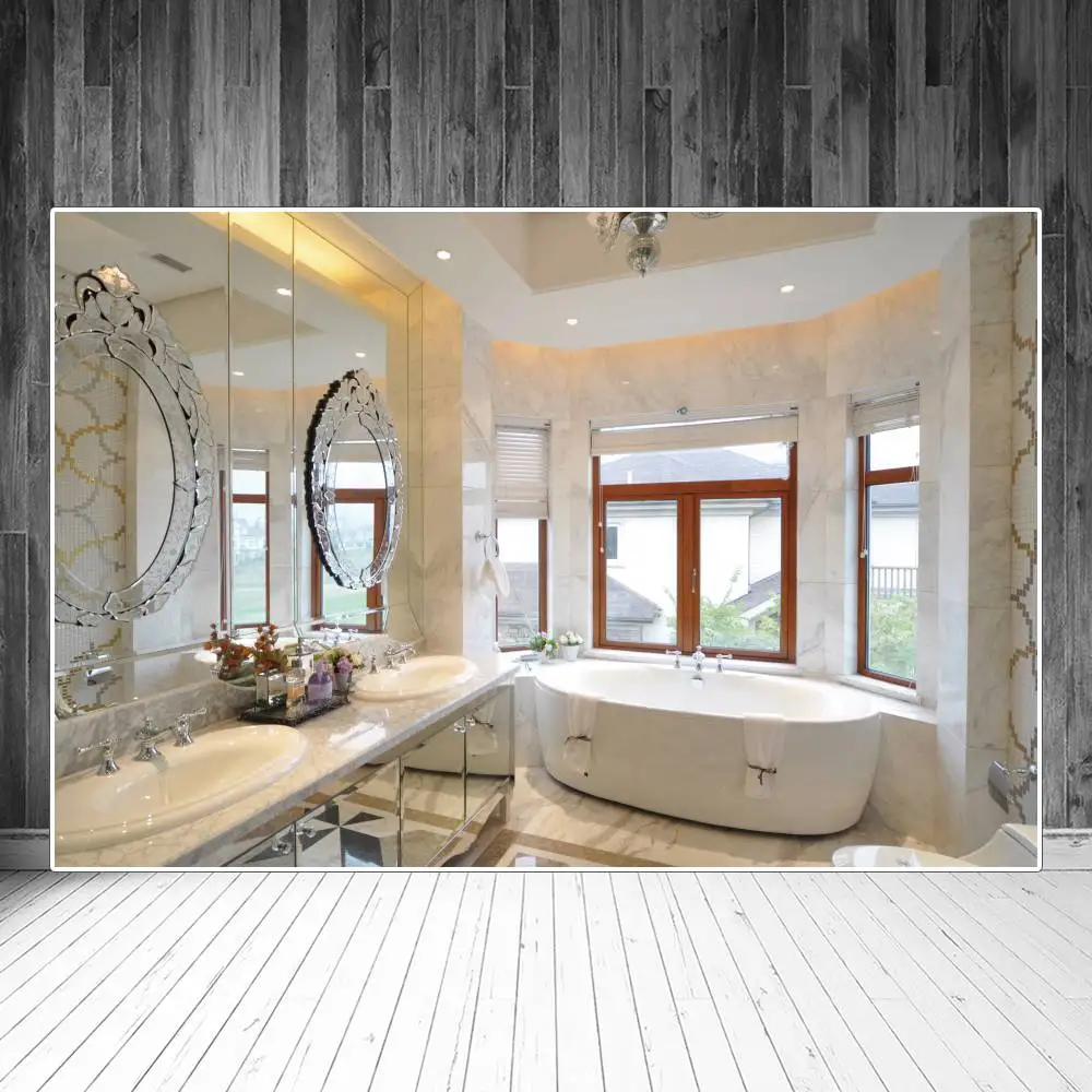 Home Bath Room Photography Backdrop Holiday Decoration Custom Children Marble Wall Mirror Lights Window Studio Photo Backgrounds