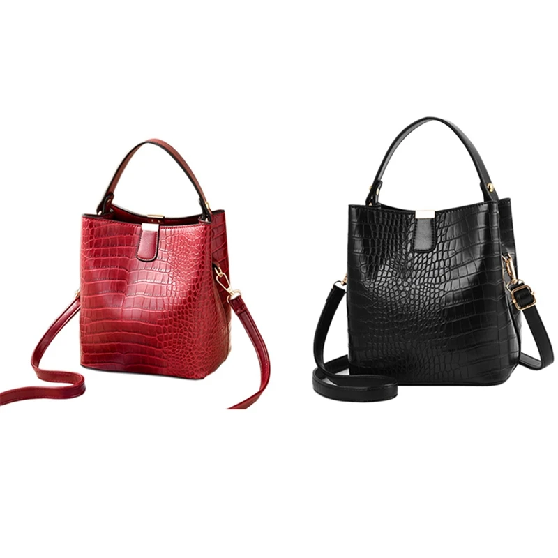

2 Pcs Retro Alligator Bucket Bags Women Crocodile Pattern Handbag Crocodile Shoulder Messenger Bags Black & Red