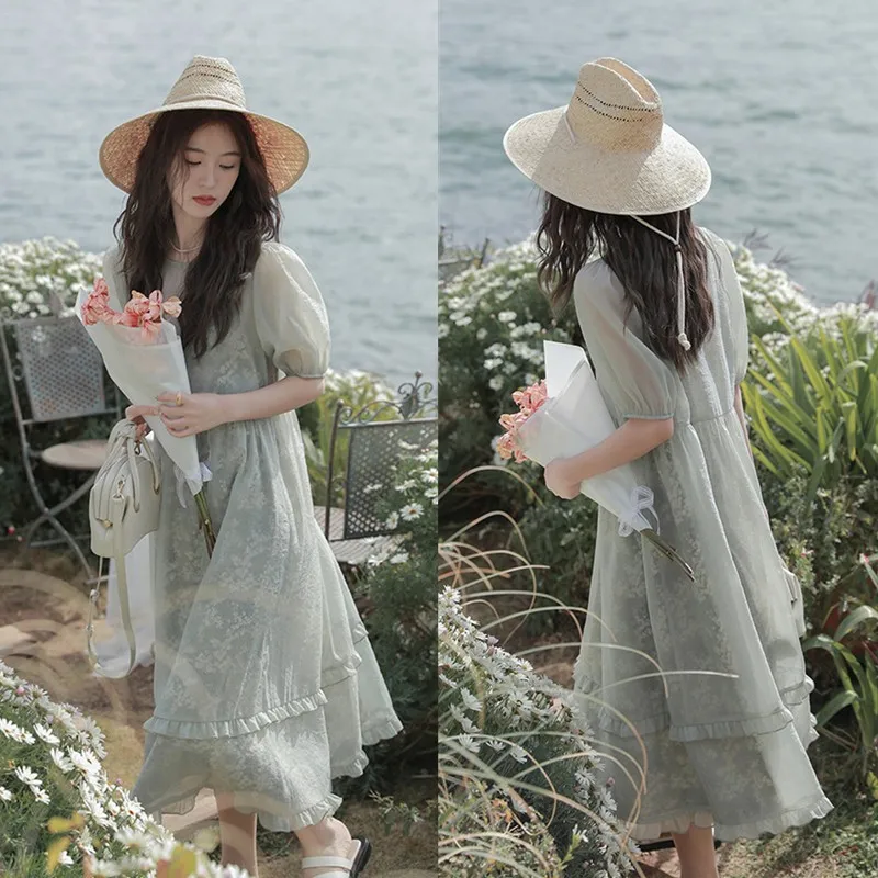 

2pcs Set French Vintage Fairy Dress Women Floral Retro Lace Dress Korea Style Party Midi Dress Print Elegant Princess Dress New