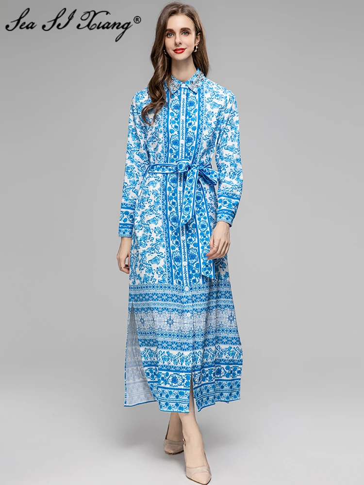 

Seasixiang Fashion Early Autumn Dress Women Diamond Turn-down Collar Long Sleeve Belt Blue Floral Print Vintage Slit Long Dress