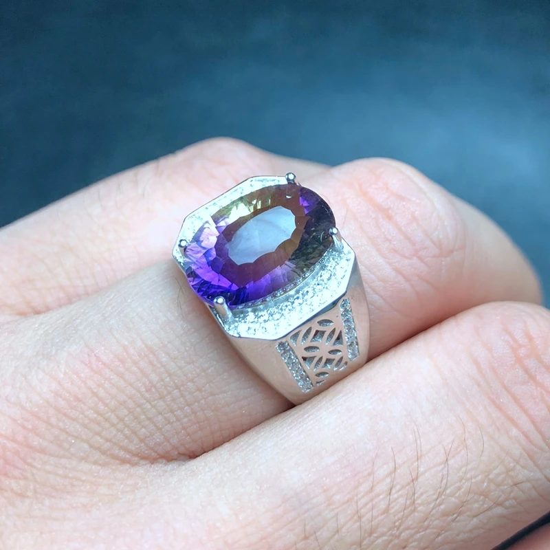 

Simple atmospheric style, natural ametrine ring, beautiful color, two-color fire, 925 silver, men's ring,