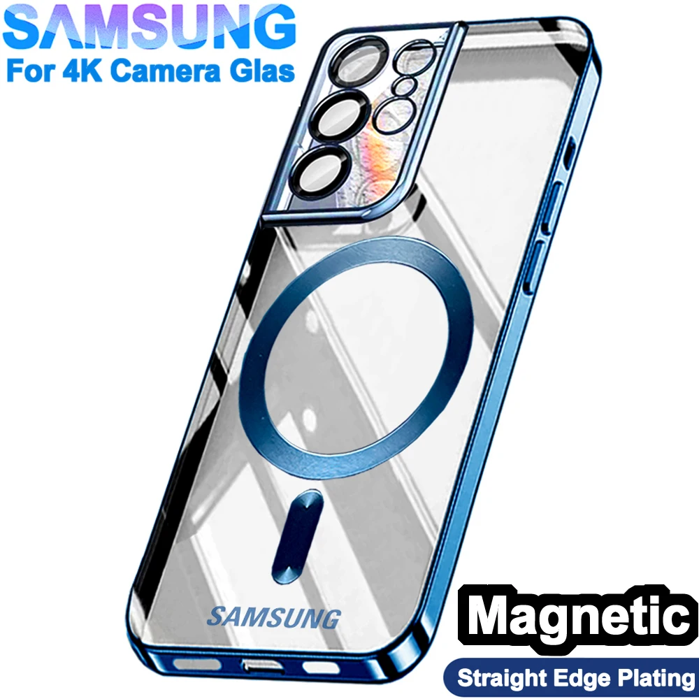 

Original Wireless Magnet Plating Cover For Magsafe Case Samsung Galaxy S21 Fe S22 Plus S23 Ultra 4K Glass Full Camera Protection