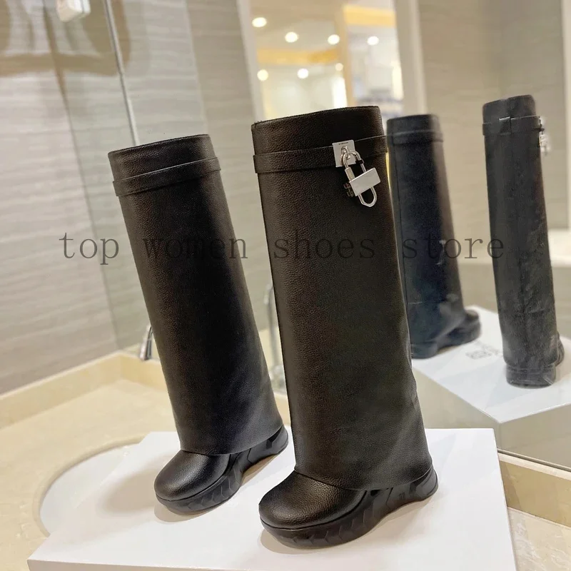 Сапоги до колена из натуральной кожи с круглым носком на танкетке в уличном стиле