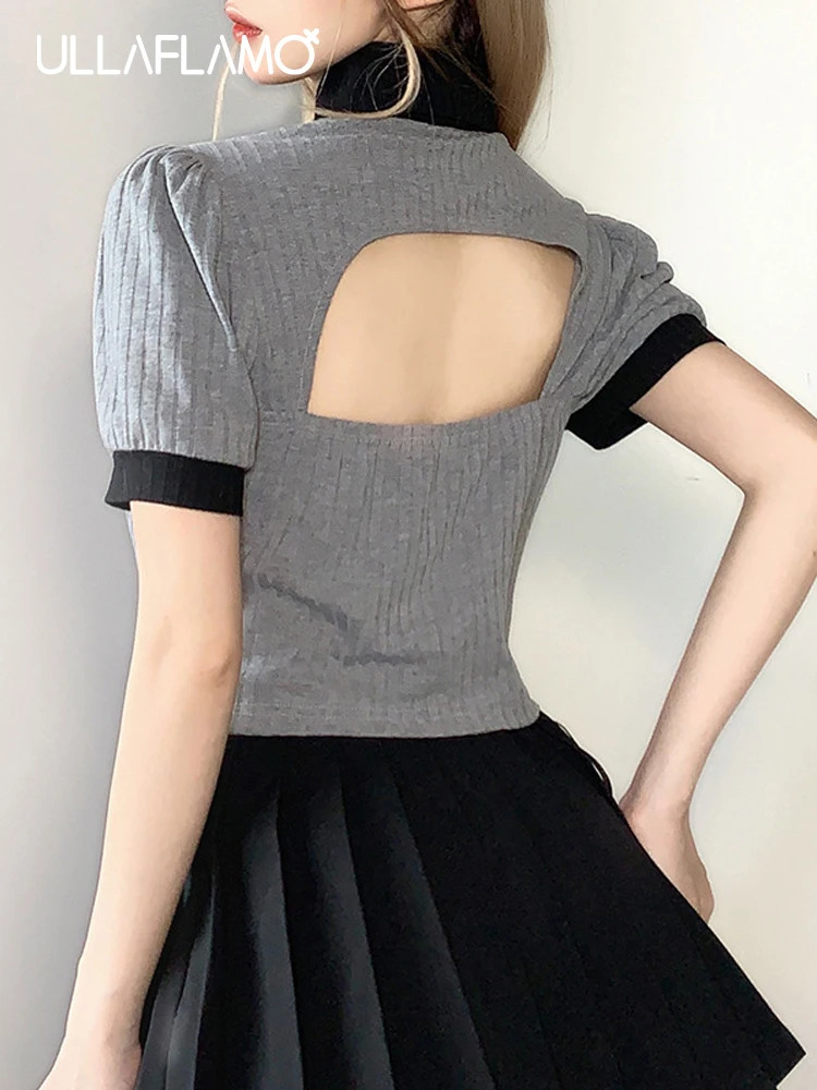 

Летняя женская укороченная полый топ, сексуальная короткая футболка с открытой спиной и воротником поло, однотонная женская одежда на пуго...