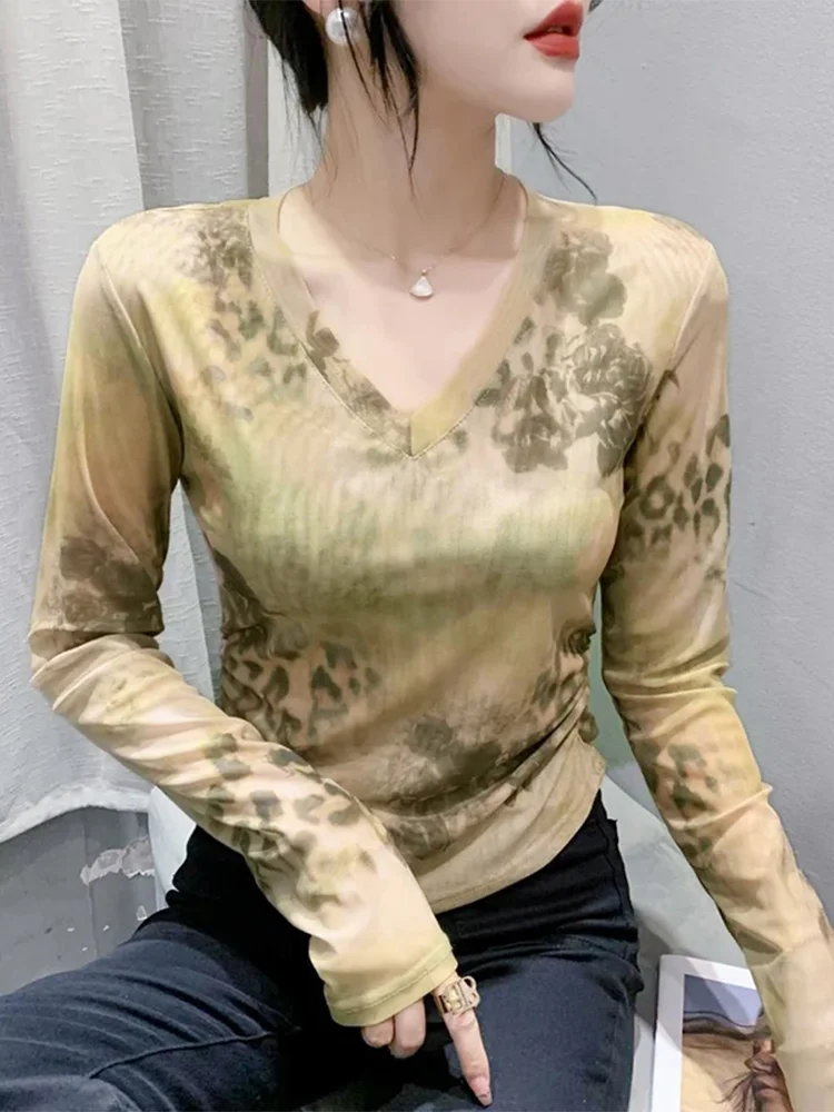 

Winsleter Streetwear Autumn Tshirts Long Sleeve Sunproof Tees Ladies Sexy Thin V Necks Slim Mesh Tops New 2023 T36092JM