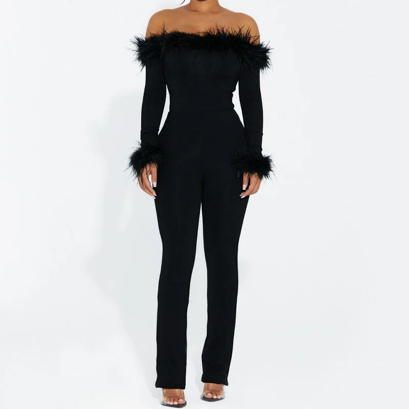 European-American Style New Women's Pure Color Sexy Plush Patchwork One-Shoulder Bodysuit