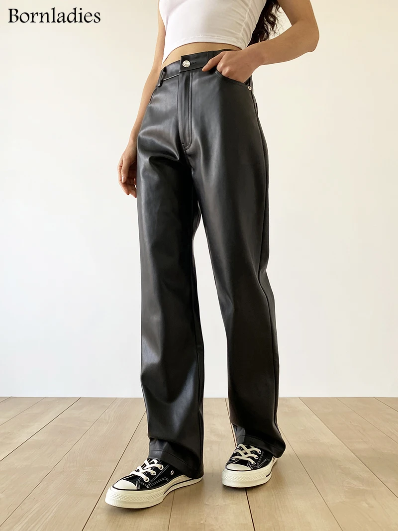 

PU Faux Leather Pants Women 2022 New Straight Pants Fashion Brown Black Baggy Trouser Casual Elegant High Waist Pants Streetwear